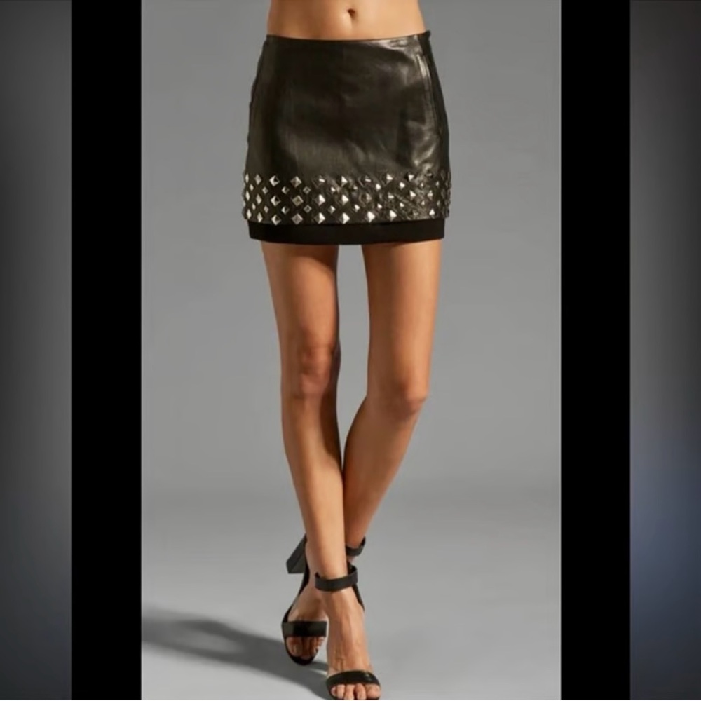 Diane Von Furstenberg Elley Black Leather Mini Skirt with Silver Studs Size 2
